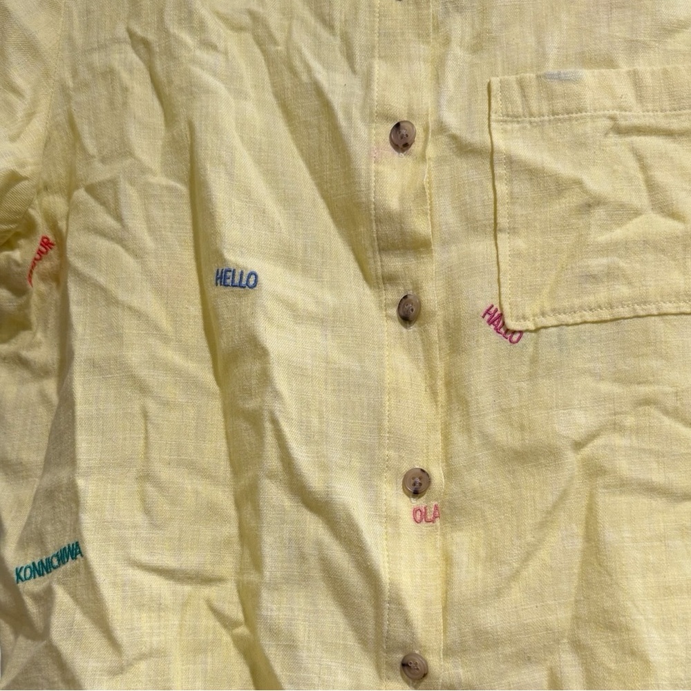 Marine Layer Yellow Top with Colorful Greeting words. Gently Used. - Picture 5 of 9
